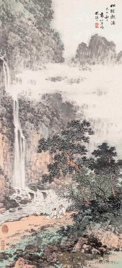 袁松年 1949年作 松阴观瀑 立轴 71.2×32.4cm